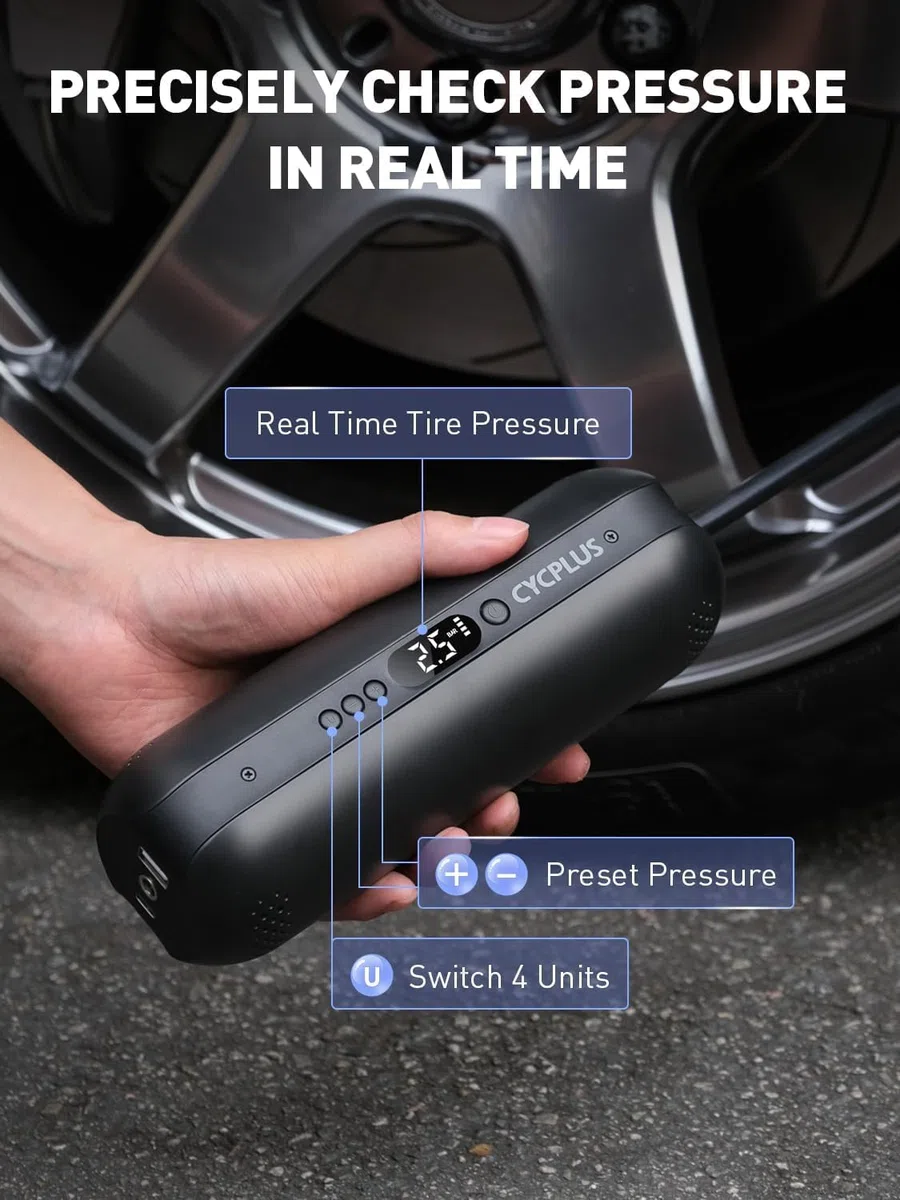 CYCPLUS 2600mAh*3 Compressore d'Aria per Pneumatici, 150 PSI Pompa d'Aria Portatile per Pneumatici, Manometro Digitale per Pneumatici Ricarica DC/AC Compressore d'Aria 12V, Nero