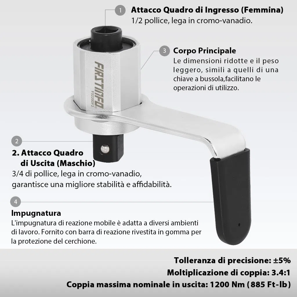 FIRSTINFO F3220DF2 | Moltiplicatore di Coppia Manuale 1200 Nm 3,4:1 | Chiave con Adattatore da 1/2" Femmina a 3/4" Maschio | Per Dadi Ruota e Manutenzione Auto