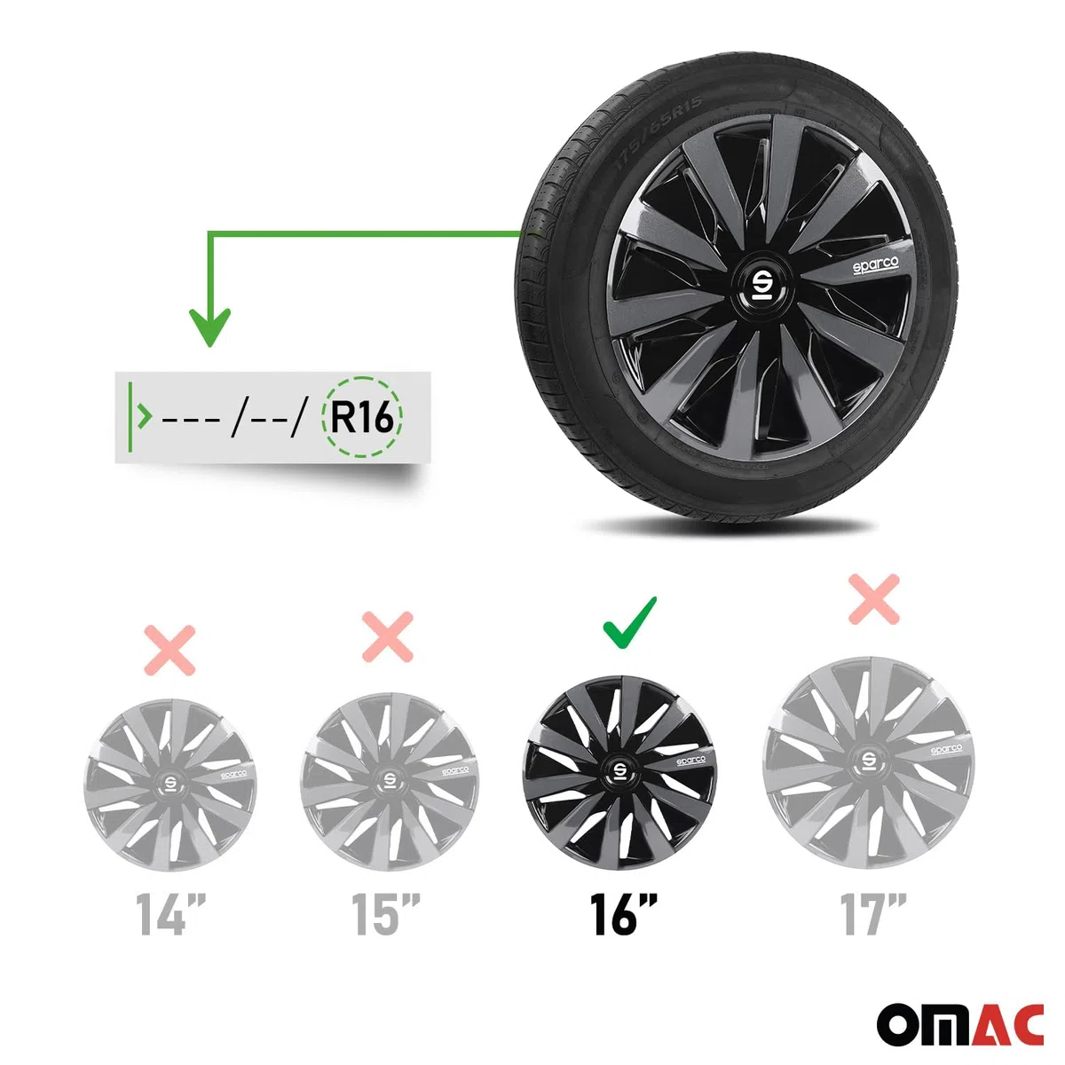 Sparco Set 4 copricerchi 16" pollici copriruota auto Lazio SPC1691BKGR nero grigio