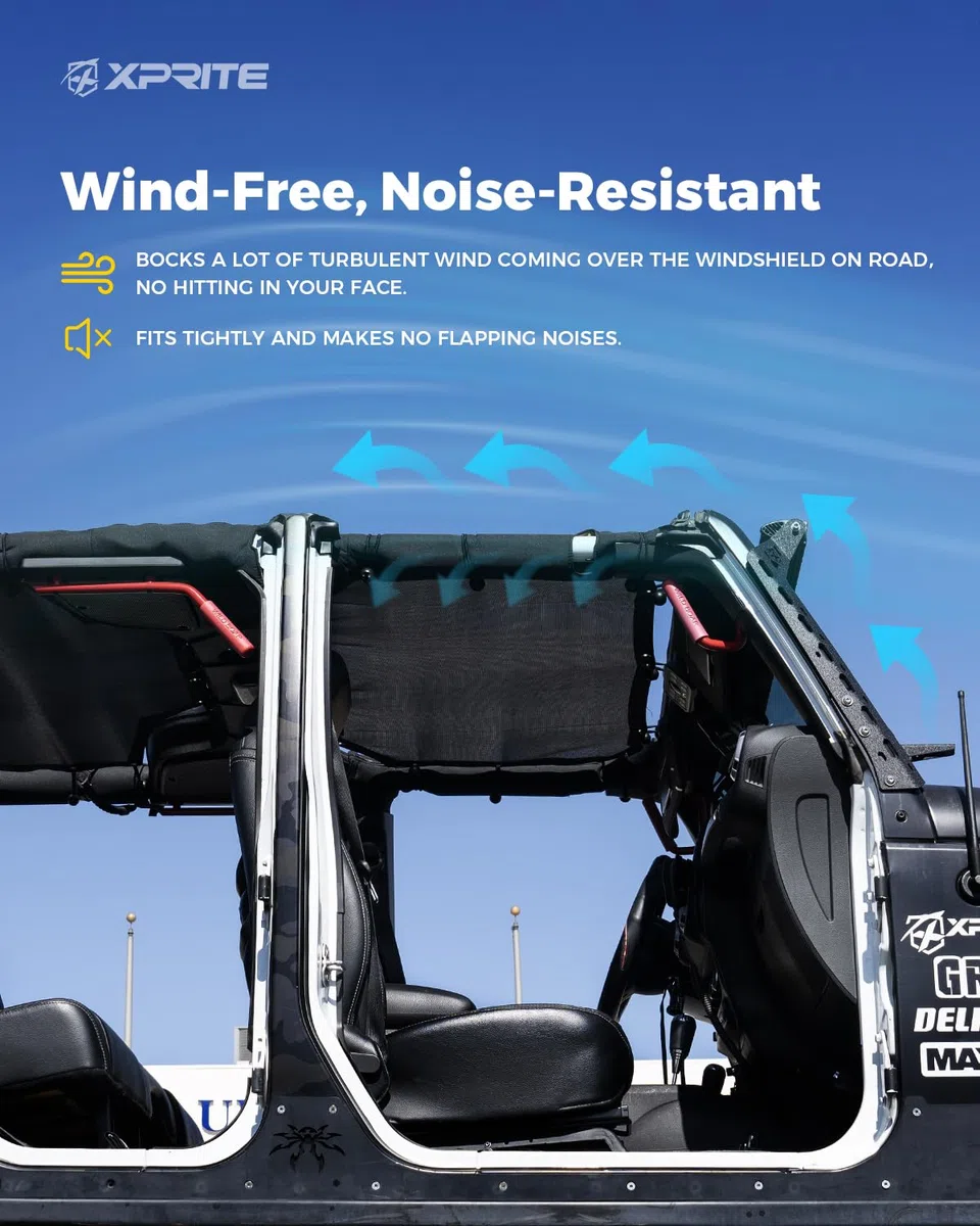 Xprite Sunshade Compatible with Jeep Wrangler JK JKU (2007-2018) – Front & Rear Mesh Top, Blocks UV, Wind, Noise – Bikini Cover for Sport, Sahara, Rubicon – Perfect Jeep Gift for Off-Road Adventures