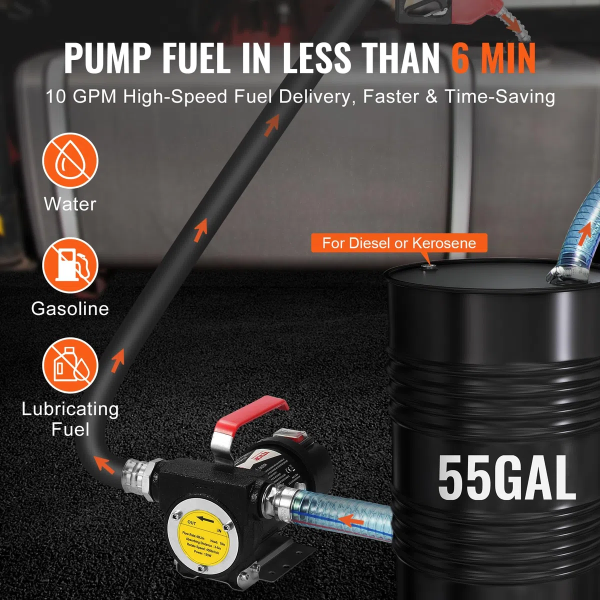 VEVOR Pompa di Trasferimento Carburante 12V 10 GPM 1/4 HP, Pompa di Trasferimento Diesel Elettrica Portatile con Ugello Carburante Flusso Elevato, Tubo Flessibile di Ingresso e Uscita