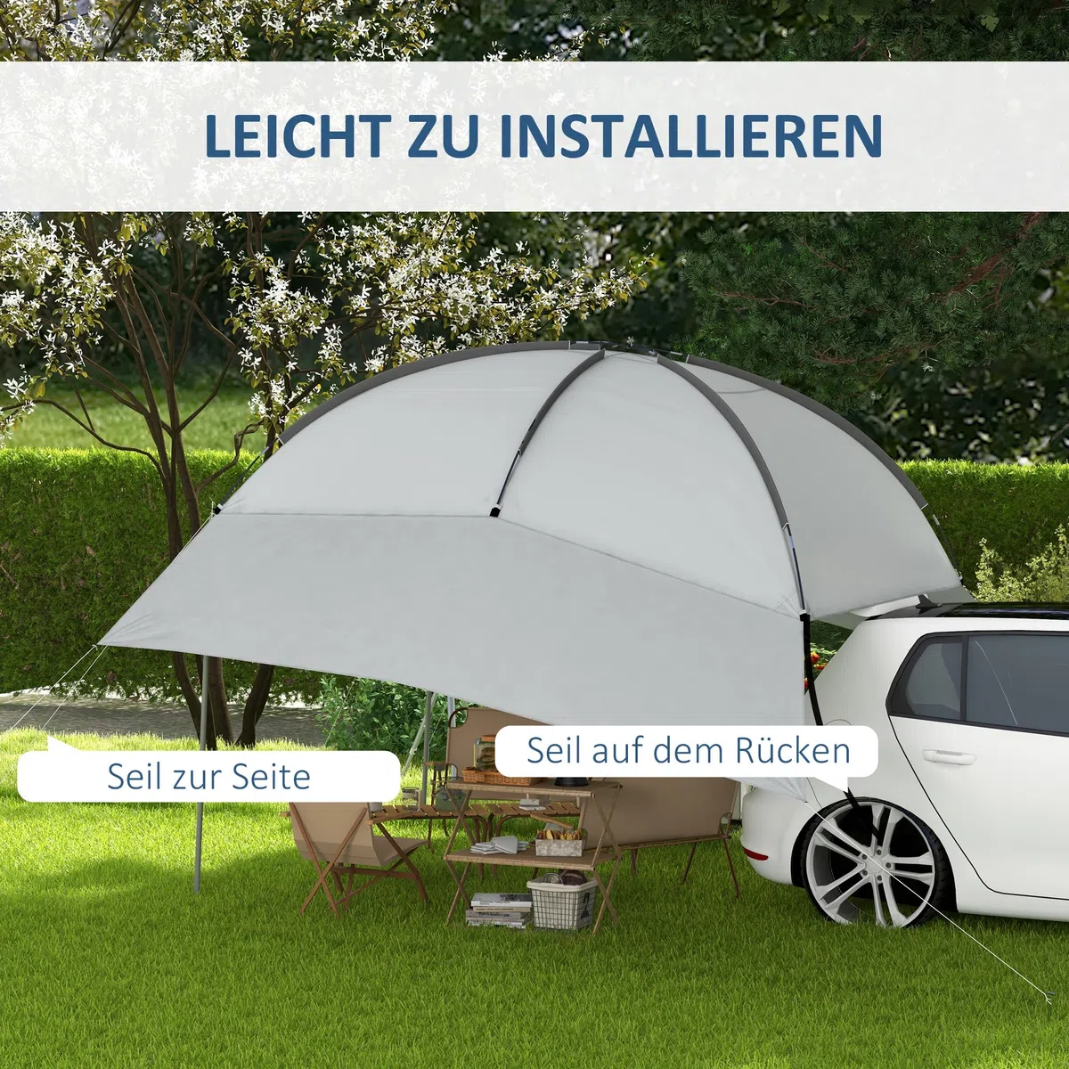 Outsunny Tendalina ad Arco Portatile con Pareti Laterali e Paletti Regolabili, Tenda per Auto in Poliestere, Acciaio e Fibra di Vetro, 300x262x230-260 cm, Grigio Chiaro
