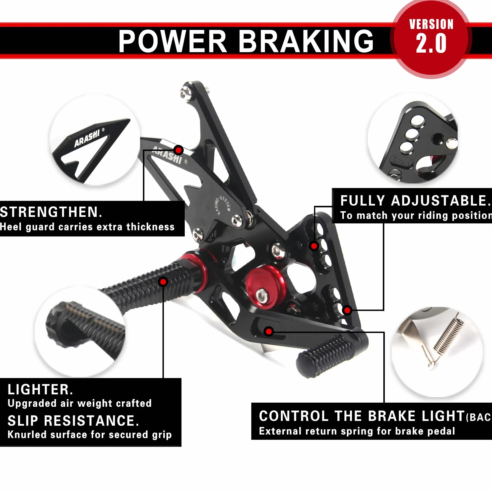 Arashi (Version2.0) Regolabile Pedane Arretrate Pedane Poggiapiedi per Z900 ZR900 2020-2023, Nero Accessori Pedalino Posteriori Pedaline