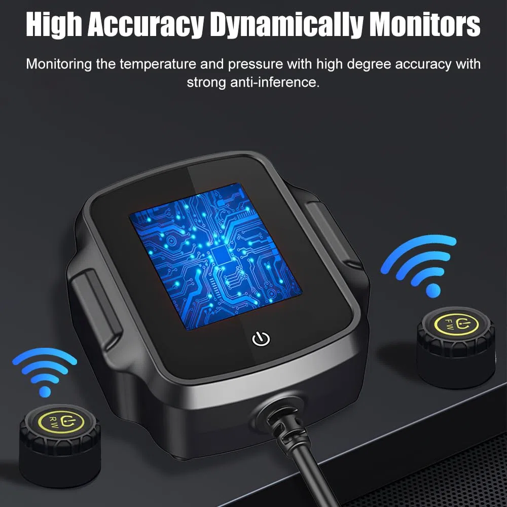 Motorcycle TPMS Sistema di Monitoraggio Della Pressione dei Pneumatici,Monitoraggio Della Temperatura e della Tensione,con 2 Sensori Esterni Display LCD Sistema di Allarme