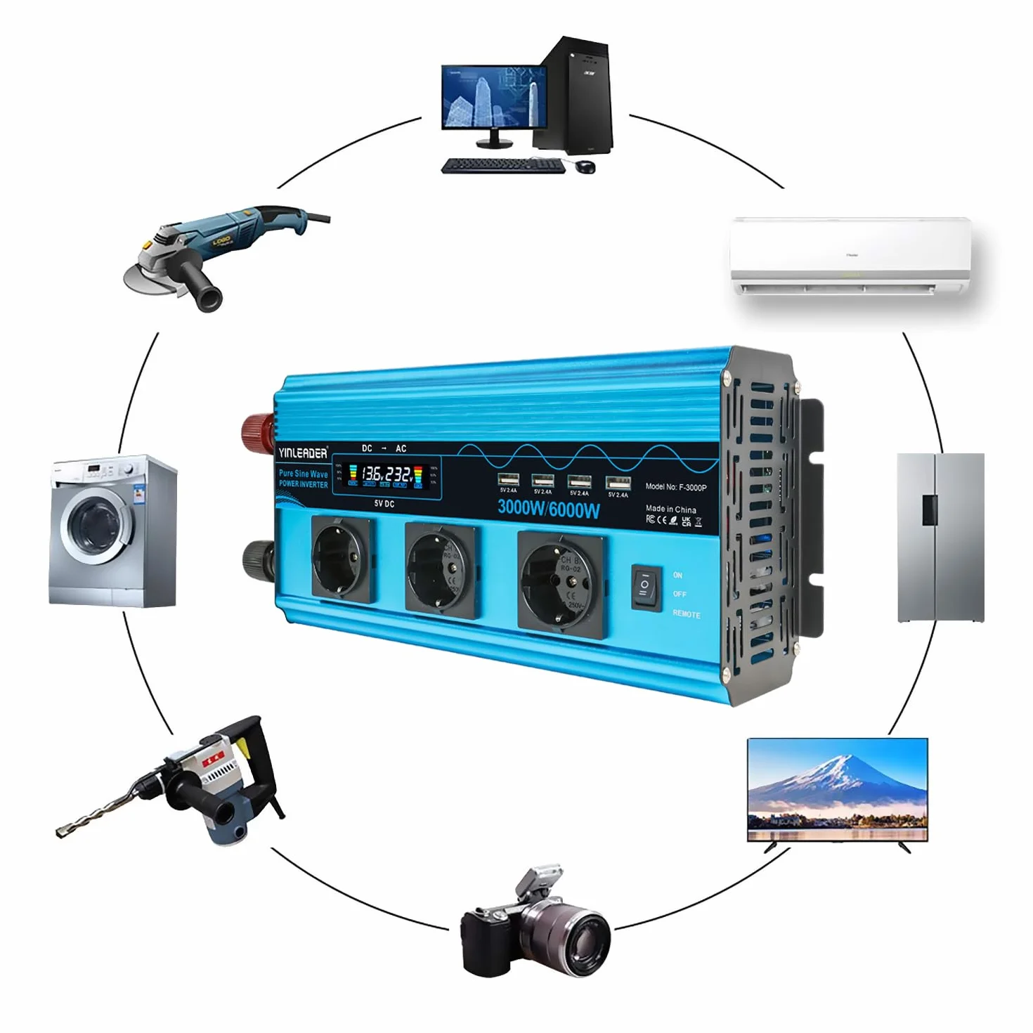 Yinleader Power Inverter 3000W Onda Sinusoidale Pura Convertitore DC 12V a AC 220V 230V LCD & 3 presa AC e 4 Porte USB per auto,camion camper