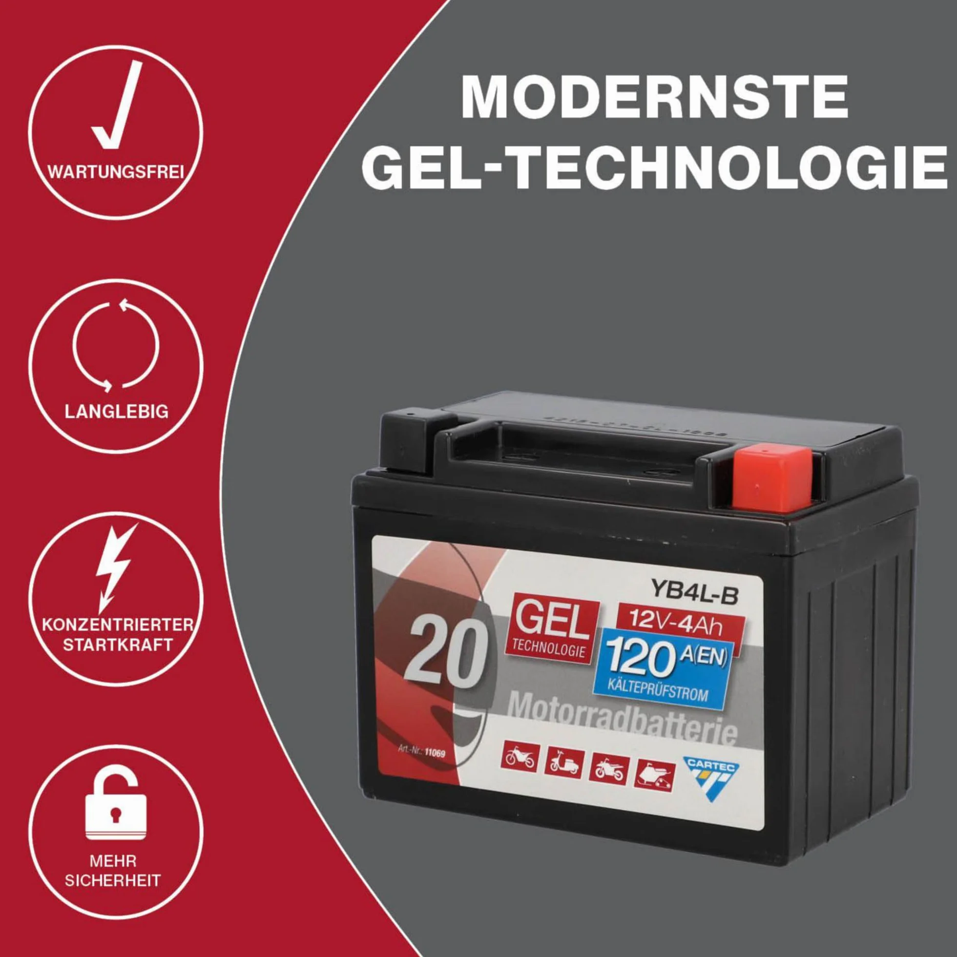 CARTEC Batteria per moto YB4L-B, 4Ah 56A, tecnologia gel Batteria di avviamento per moto, qualità di primo equipaggiamento, resistente ai cicli, immagazzinabile, senza manutenzione