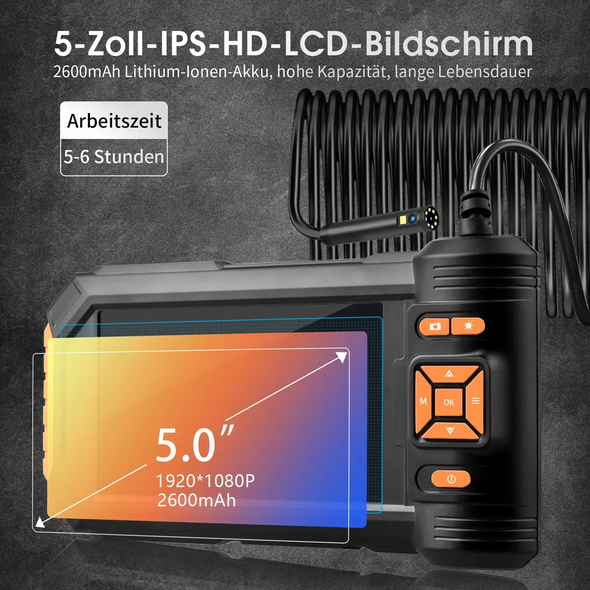 Telecamera per Ispezione,DPduct Endoscopio Industriale a Doppia Lente da 7,9 mm con 8+1 LED,IPS da 5,0",HD 1920p,Telecamera Impermeabile IP67,Cavo Semirigido Serpente da 10 m,Scheda da 32 GB,Arancione
