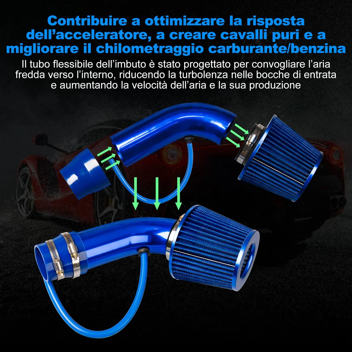 CarBole Kit Filtro aria sportivo universale Raffreddamento, Sistema ingresso aria per auto universale in fibra di carbonio con tubo blu