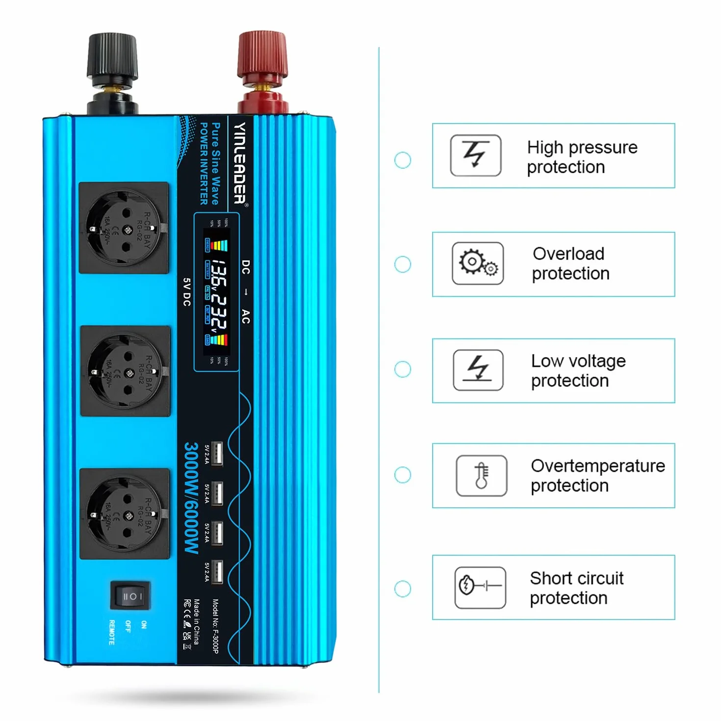 Yinleader Power Inverter 3000W Onda Sinusoidale Pura Convertitore DC 12V a AC 220V 230V LCD & 3 presa AC e 4 Porte USB per auto,camion camper