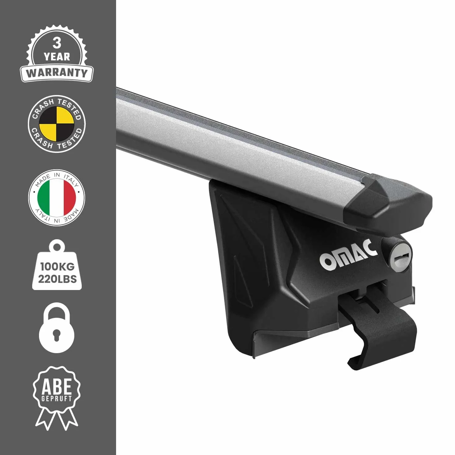 OMAC Barre Portatutto Alluminio TÜV geprüft per Mercedes GLA X156 H247 2014-2026 – per Rail Tetto Integrati – T Nut – Max 100 kg – 2 Schlösser Argento