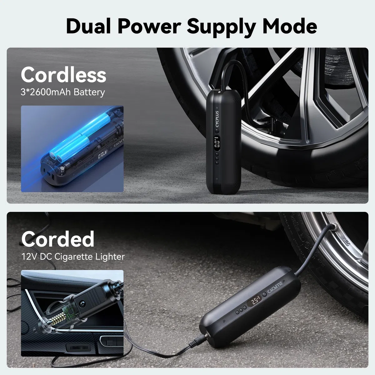 CYCPLUS 2600mAh*3 Compressore d'Aria per Pneumatici, 150 PSI Pompa d'Aria Portatile per Pneumatici, Manometro Digitale per Pneumatici Ricarica DC/AC Compressore d'Aria 12V, Nero