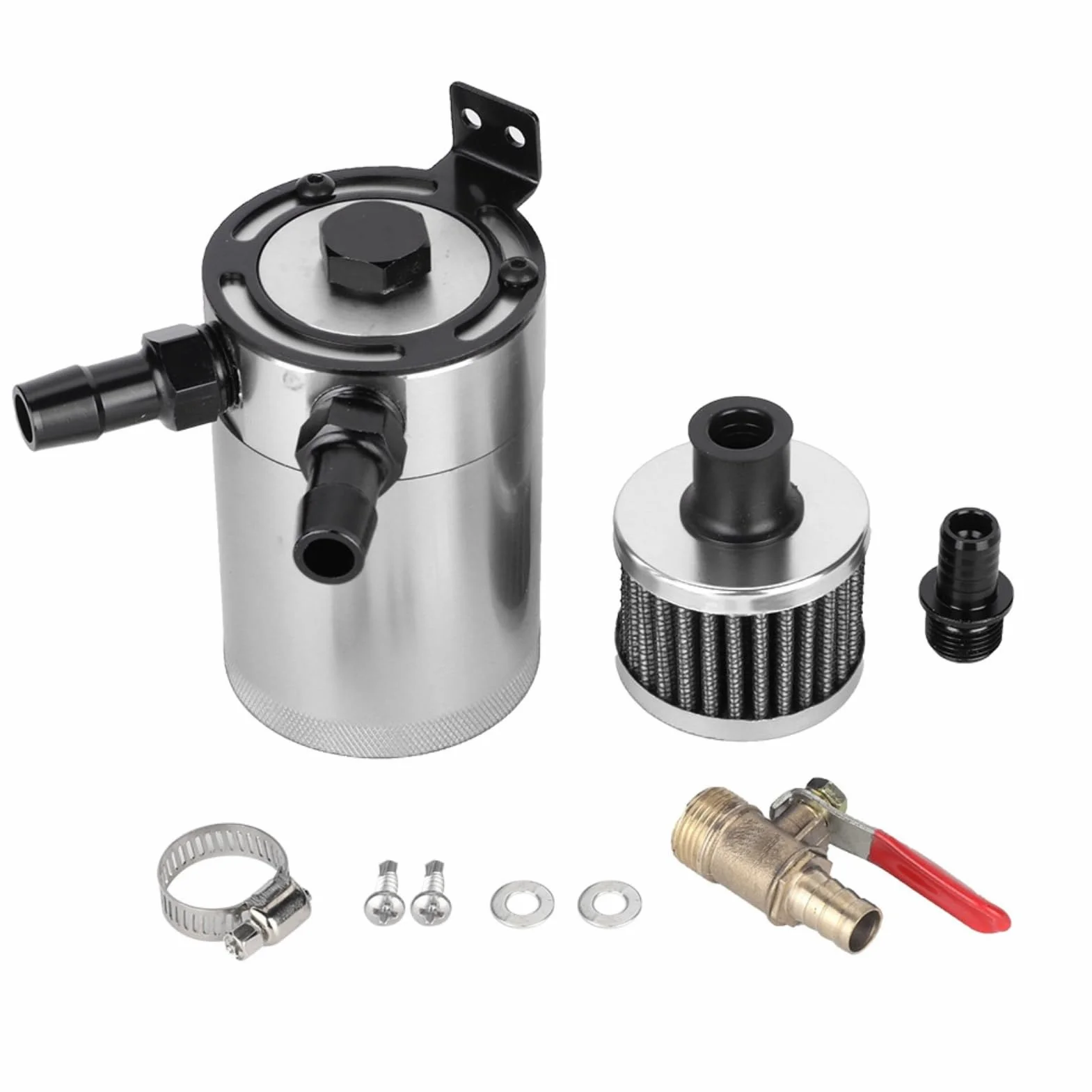 VOBOR Serbatoio Olio, Vaschetta Olio Motore Serbatoio Benzina Moto, Universale in Lega di Alluminio Serbatoio di Cattura Con Kit di Accessori A 2 Porte(Argento)
