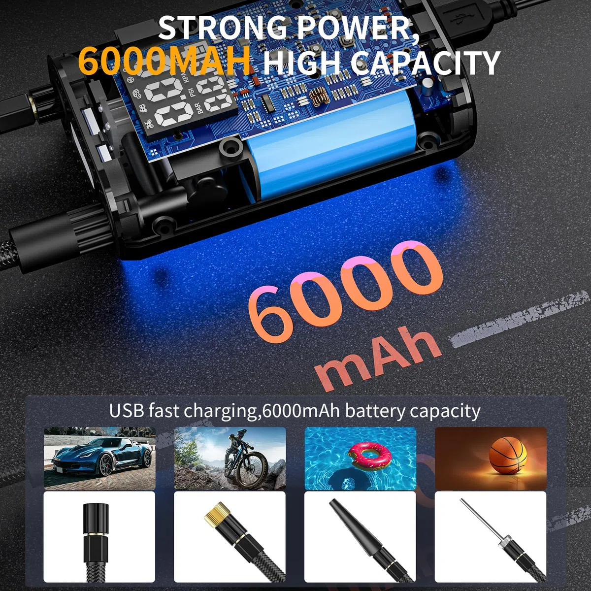 EVARYOO 6000mAh Mini Compressore Aria Portatile Auto, 150PSI Gonfiatore Bici Elettrico con Schermo LCD Digitale e Torcia LED, Pompa Elettrica per Bicicletta, Auto, Moto, monopattino, Palloni