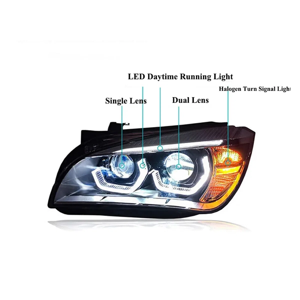 Coppia di fari auto compatibili con BMW X1 E84 2011-2015, accessori DRL ambra, indicatori di direzione, fari Plug and Play(With LED Bulbs)