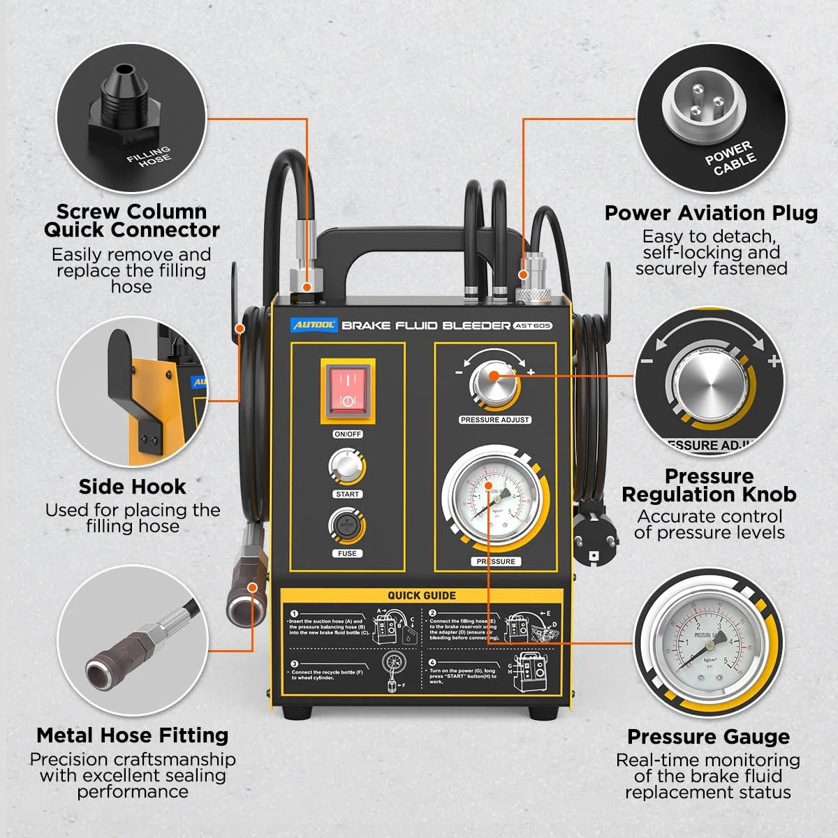 AUTOOL Spurgo Freni Elettrico Kit, Kit di Spurgo Automatico del Fluido Freno con Bottiglia di Estrazione da 1 Litro, 20 Adattatori,Adatto alla Maggior Parte dei Veicoli, 220V