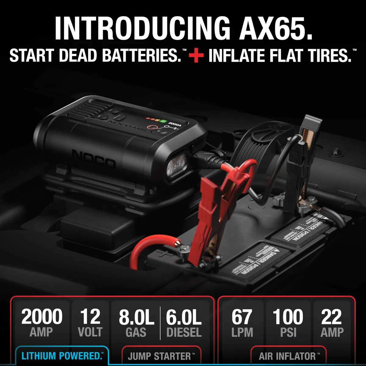 NOCO Boost+Air AX65: Avviatore 2000A con Compressore Gonfia Gomme – Avvia Motori Benzina 8.0L e Diesel 6.0L – Portata 67 SLPM, Gonfiaggio 0–40 PSI in 2 Minuti