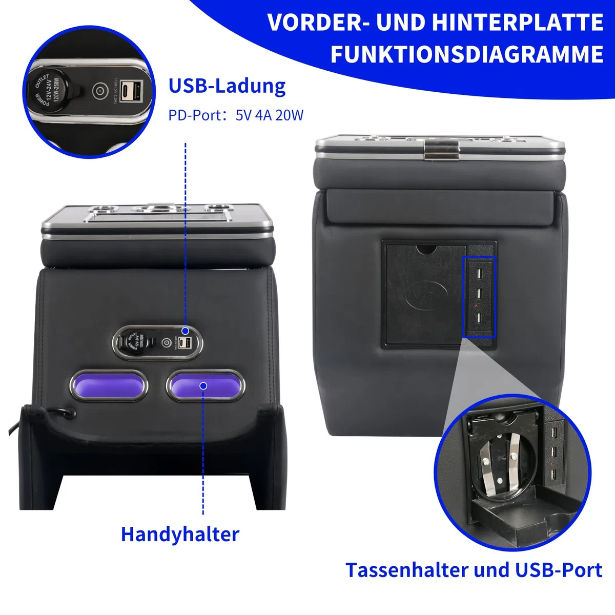Scatola portaoggetti per braccioli per Classe V V220 V260 V250 W447, Scatola per corrimano Posteriore con Ricarica USB (Black)