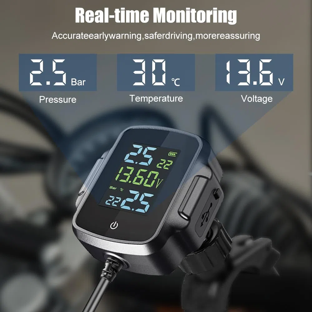 Motorcycle TPMS Sistema di Monitoraggio Della Pressione dei Pneumatici,Monitoraggio Della Temperatura e della Tensione,con 2 Sensori Esterni Display LCD Sistema di Allarme