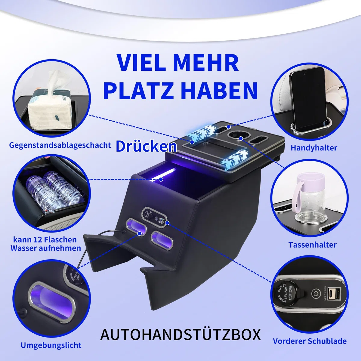 Scatola portaoggetti per braccioli per Classe V V220 V260 V250 W447, Scatola per corrimano Posteriore con Ricarica USB (Black)