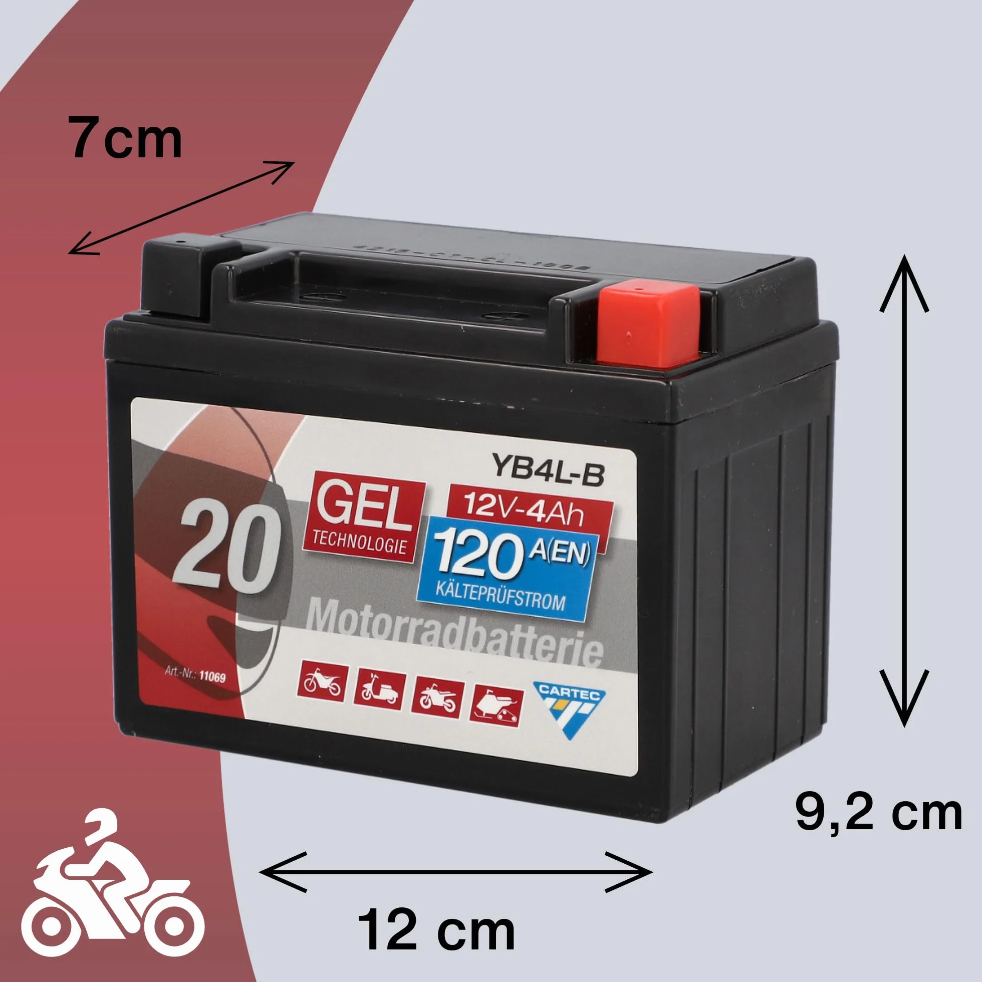 CARTEC Batteria per moto YB4L-B, 4Ah 56A, tecnologia gel Batteria di avviamento per moto, qualità di primo equipaggiamento, resistente ai cicli, immagazzinabile, senza manutenzione