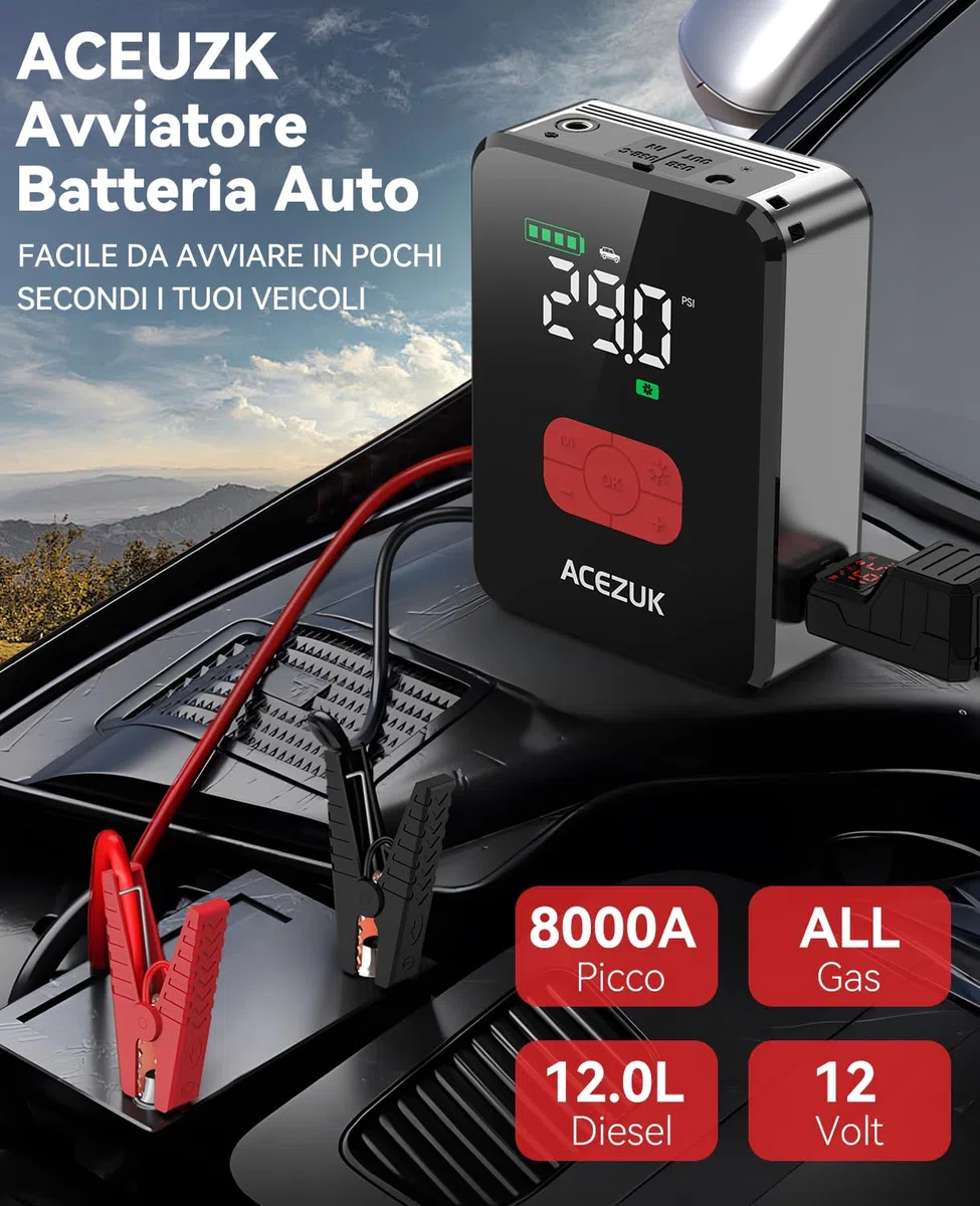 ACEZUK Avviatore Batteria Auto 8000A &150PSI, Avviatore Emergenza per Auto/Moto con Compressore 12V（Tutti Gas o 12L Diesel）600LUMEN LED/3.4"LCD