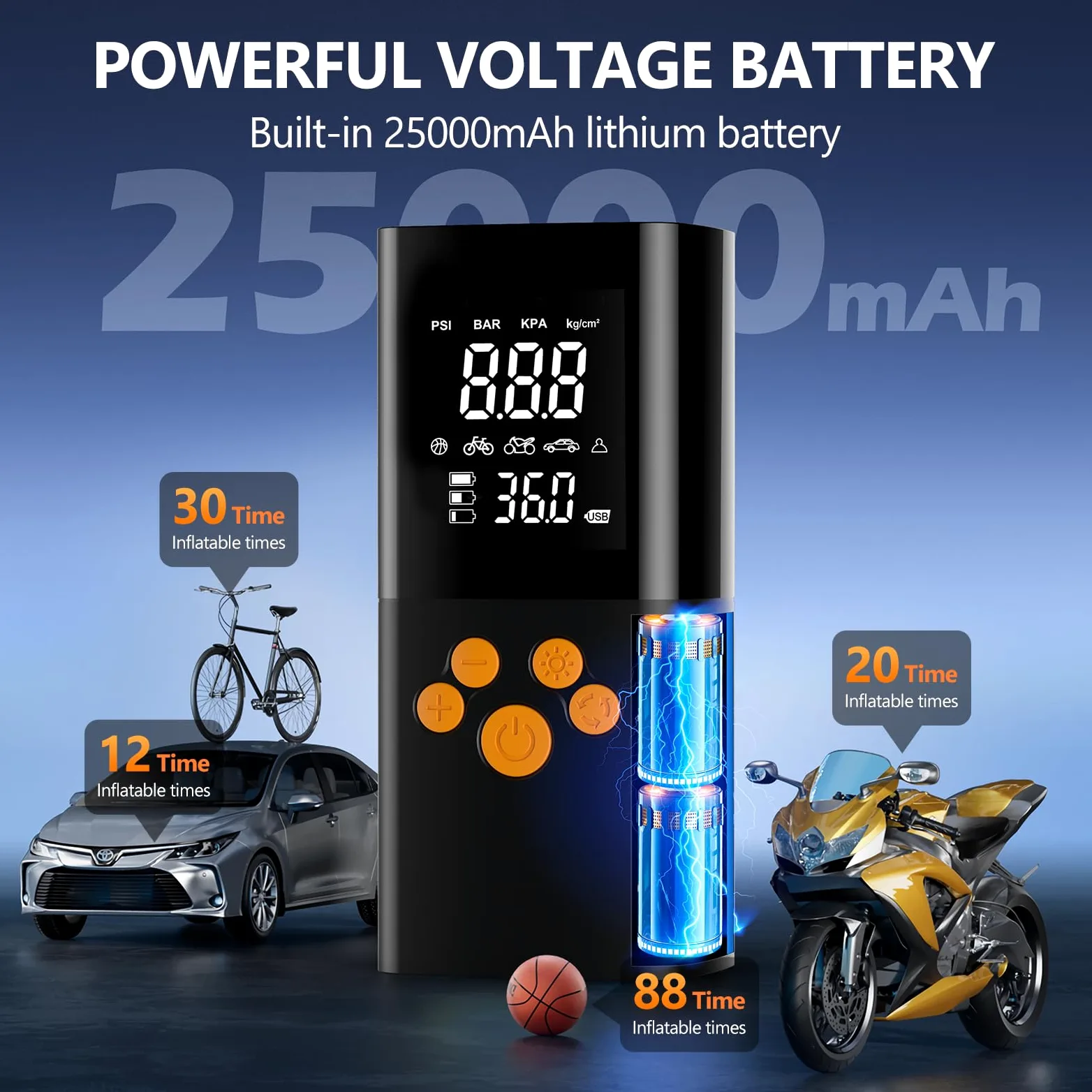 Compressore Aria Portatile, 180PSI Compressore Portatile per Auto con Batteria 25000mAh, Intelligente Un Clic Pompa Elettrica per Bicicletta, Moto e Altro Ancora con Misuratore di Pressione (nero)