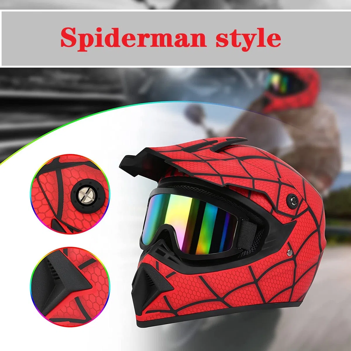 Casco da Moto Fullface Stile Spiderman Fuori strada Casco da Dirt Bike con occhiali per Unisex Giovani