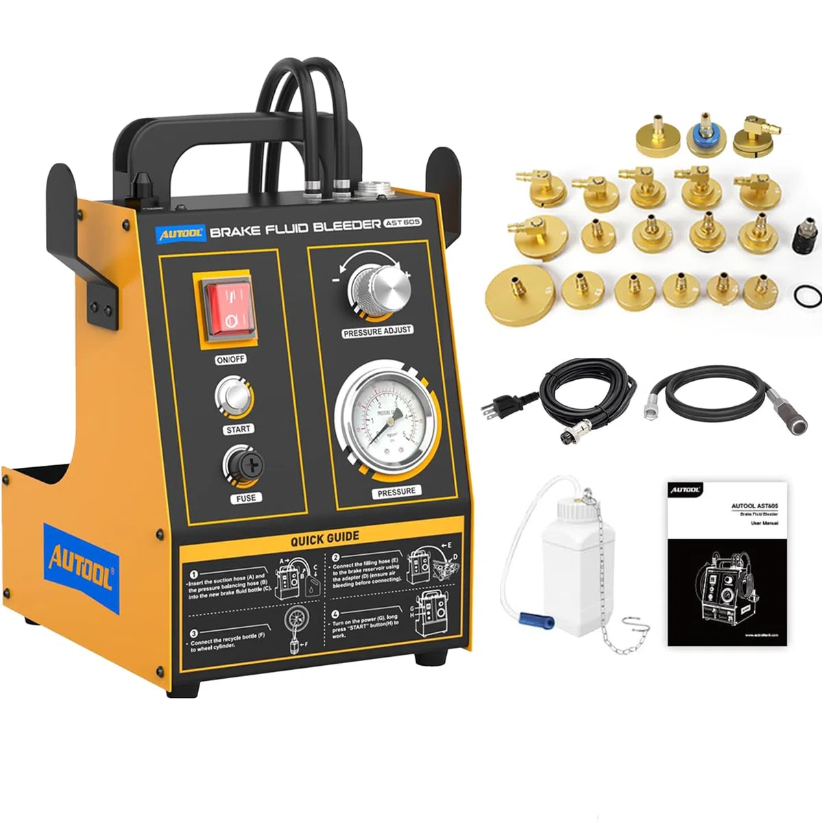 AUTOOL Spurgo Freni Elettrico Kit, Kit di Spurgo Automatico del Fluido Freno con Bottiglia di Estrazione da 1 Litro, 20 Adattatori,Adatto alla Maggior Parte dei Veicoli, 220V