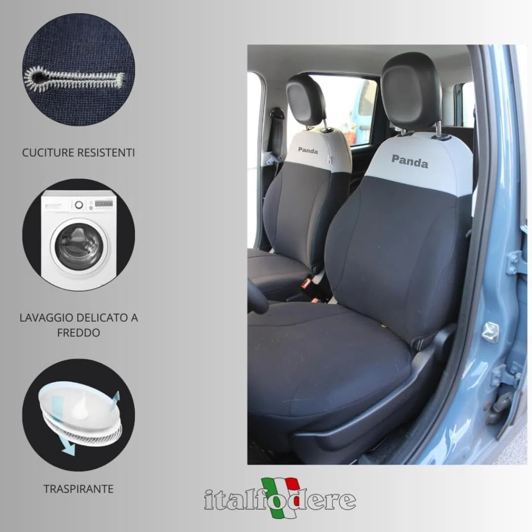 Italfodere - Accessori Auto - Coprisedili Auto Su Misura per Fiat Panda 3ª Serie 2012 in poi - Anteriori - In Cotone - Facile da Installare - Fatti a Mano - Made in Italy - Grigio e Nero