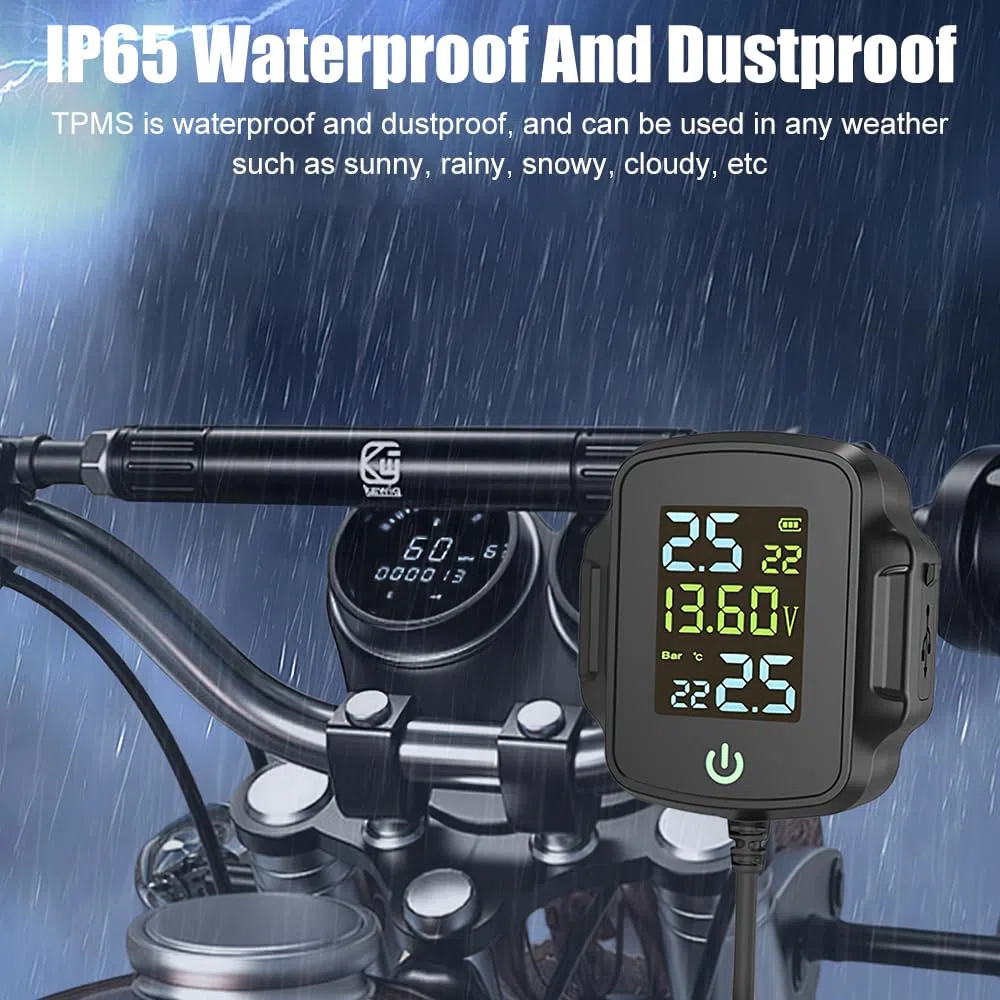 Motorcycle TPMS Sistema di Monitoraggio Della Pressione dei Pneumatici,Monitoraggio Della Temperatura e della Tensione,con 2 Sensori Esterni Display LCD Sistema di Allarme
