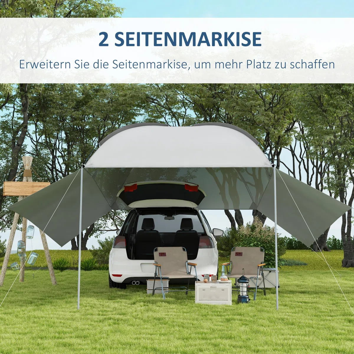 Outsunny Tendalina ad Arco Portatile con Pareti Laterali e Paletti Regolabili, Tenda per Auto in Poliestere, Acciaio e Fibra di Vetro, 300x262x230-260 cm, Grigio Chiaro