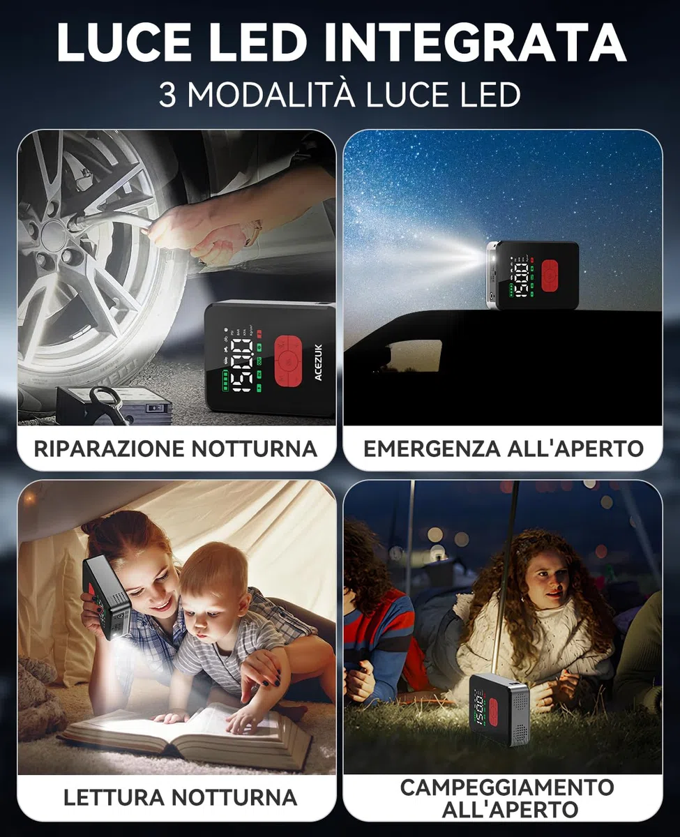 ACEZUK Avviatore Batteria Auto 8000A &150PSI, Avviatore Emergenza per Auto/Moto con Compressore 12V（Tutti Gas o 12L Diesel）600LUMEN LED/3.4"LCD