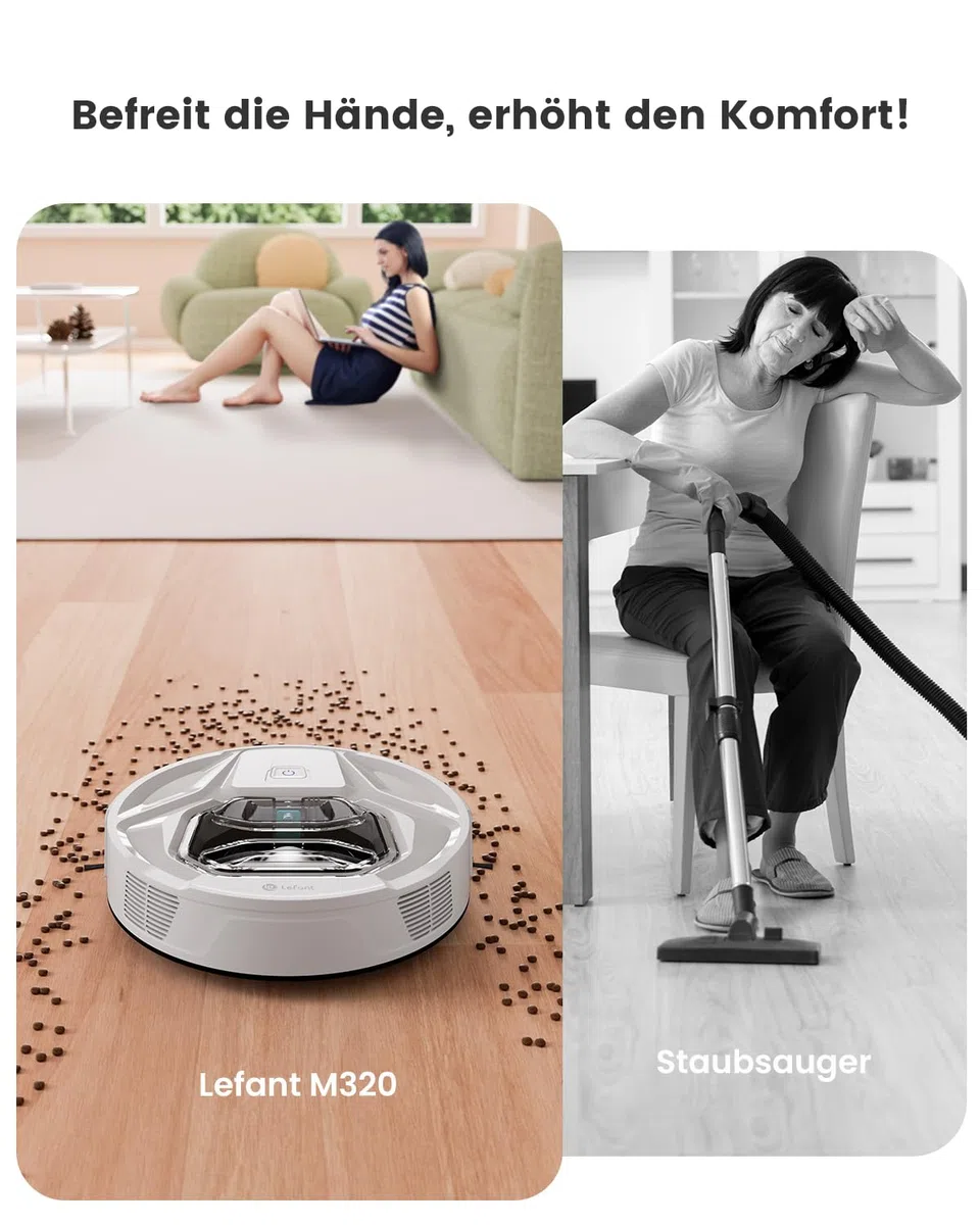 Lefant Robot aspirapolvere M320, 6000Pa, aspirapolvere robot con navigazione di precisione, contenitore per polvere da 800 ml, 210 minuti, Wi-Fi/app, ideale per peli di animali, tappeti